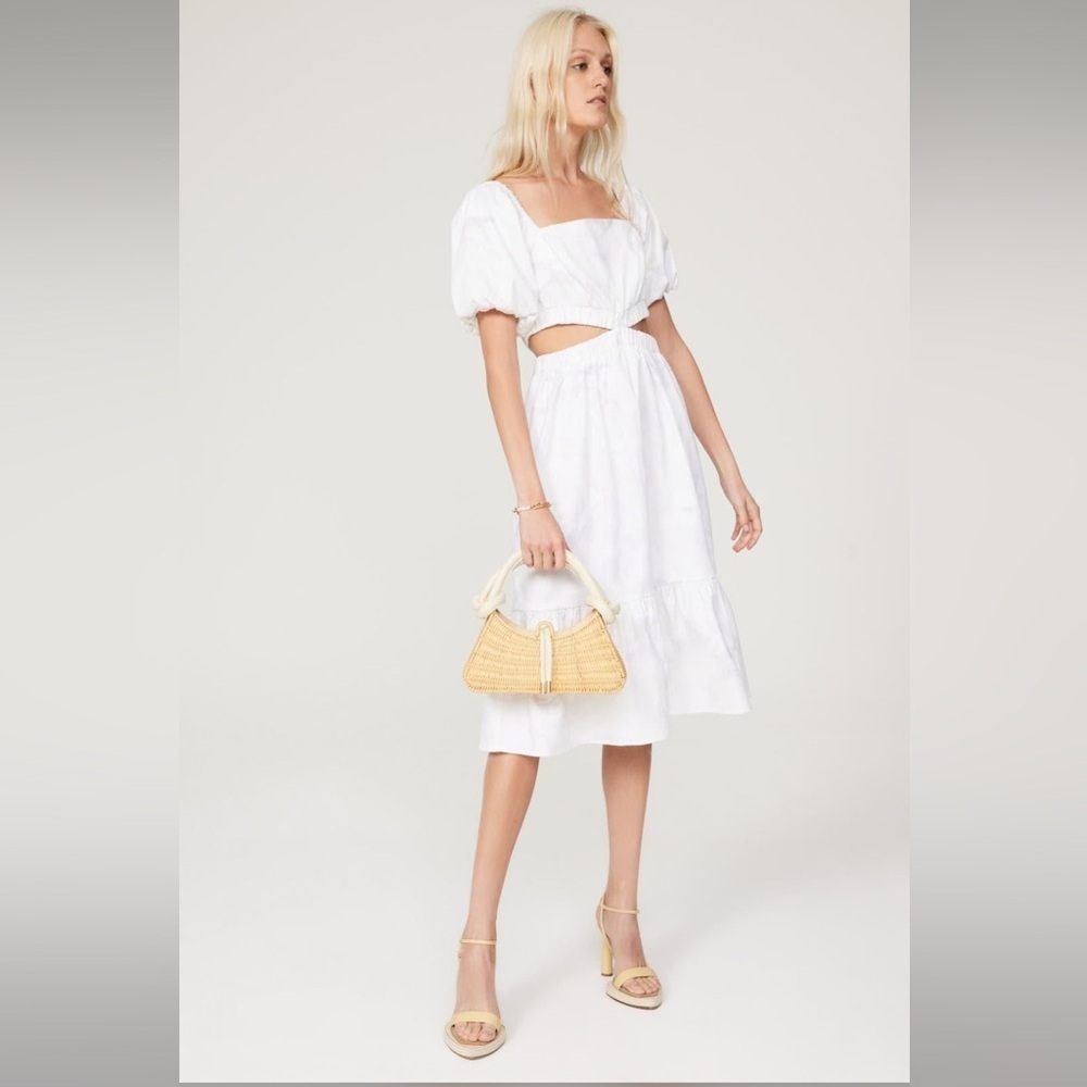 Louna‎ Puff Sleeve White Cutout Midi Dress Size Medium